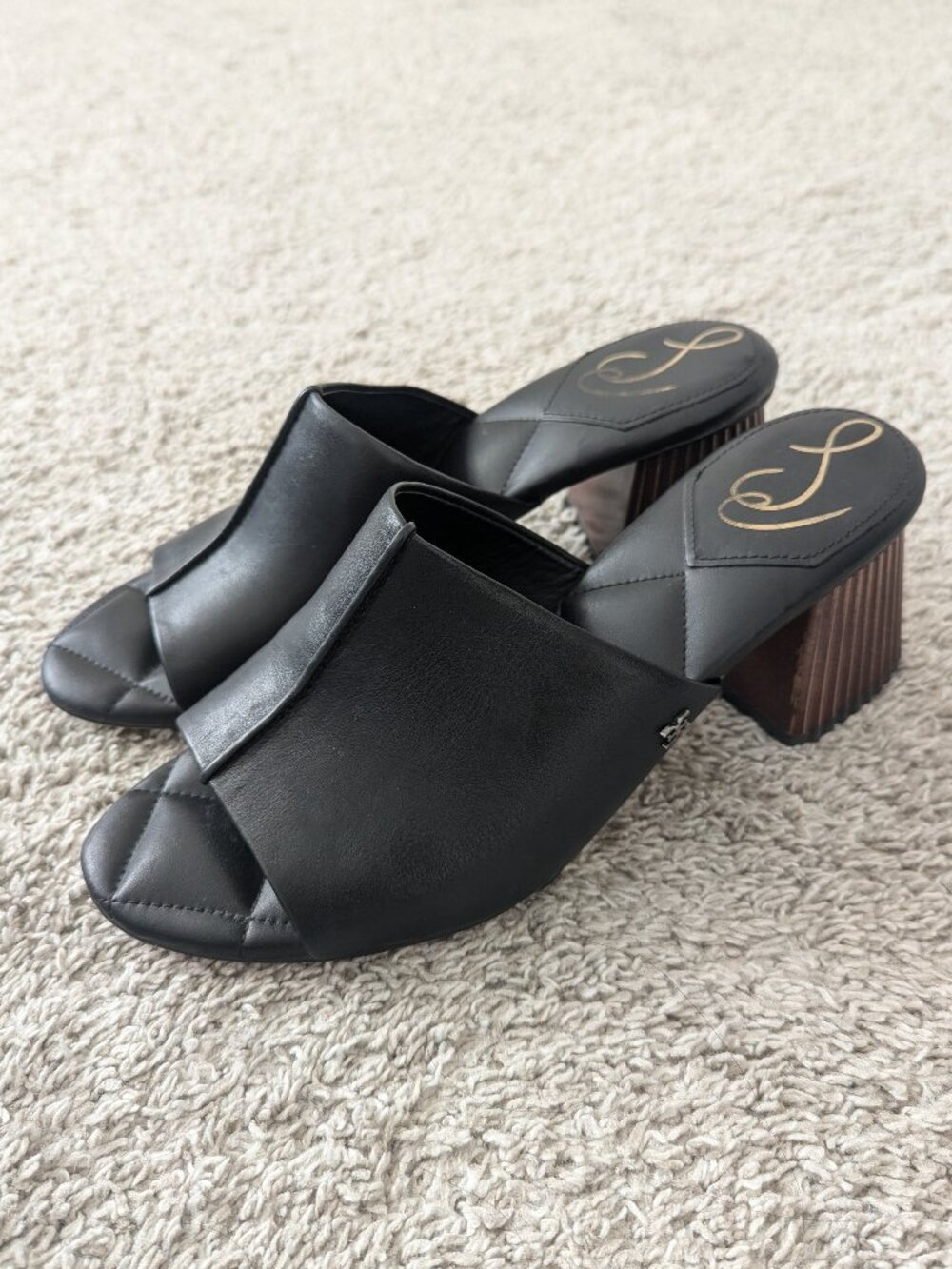 Sam Edelman Sonya Open Toe Leather Heel Mule Block Heel Geometric Wood Black 9